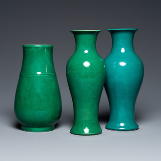 Three Chinese green-glazed vases, 19/20th C.