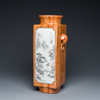 A Chinese grisaille and faux bois 'cong' vase, Qianlong mark, 20th C.