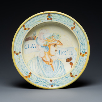 An Italian maiolica portrait dish depicting the Roman emperor Claudius, 17th C.