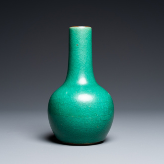 A Chinese monochrome apple green-glazed bottle vase, Qing