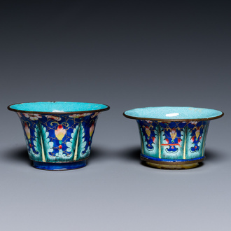 Two Chinese Canton enamel blue-ground bowls, Qianlong/Jiaqing