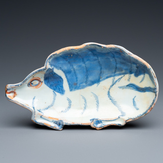 A Chinese blue and white Japanese market ko-sometsuke dish in the shape of a pig, Tianqi