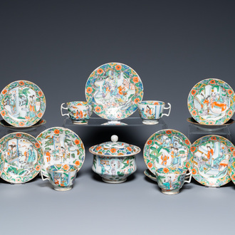 17 pieces from a Chinese Canton famille verte tea service, 19th C.