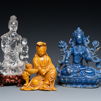 Sculpture de Bouddha en lapis lazuli et deux de Guanyin en pierre à savon et cristal de roche, Chine, 19/20ème
