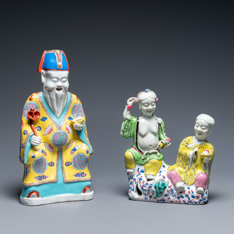 A Chinese famille rose 'Hehe Er Xian' group and a 'Caishen' figure, Qianlong and later