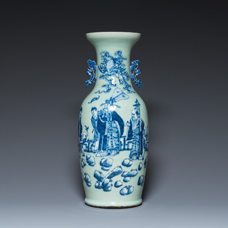 A Chinese blue and white celadon-ground 'immortals' vase, 19th C.