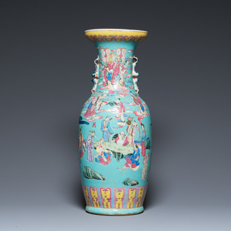 A Chinese famille rose turquoise-ground 'immortals' vase, 19th C.