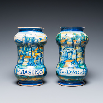 Two rare polychrome Italian maiolica albarelli, Urbino or Venice, 16th C.