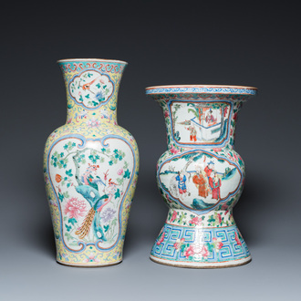 A Chinese famille rose yellow-ground 'phoenix' vase and a large spittoon, 19th C.