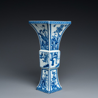 A Chinese blue and white square 'gu' vase with erotical scene on the base, Kangxi