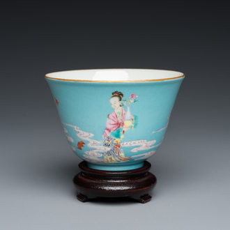 A fine Chinese turquoise-ground famille rose bowl, Yongzheng mark and possibly of the period