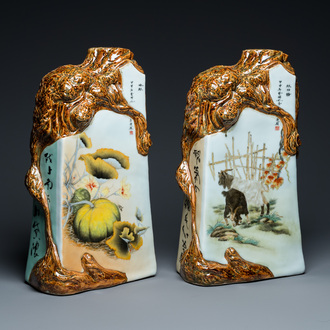 Deux ornements en porcelaine de Chine à décor faux-bois, '1200 ans à Jingdezhen', datés 2004