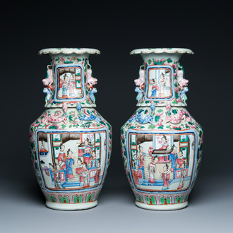 A pair of Chinese famille rose 'court scene' vases, 19th C.