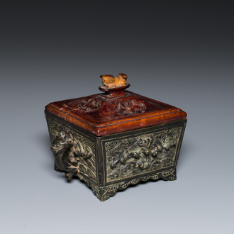 A Chinese inscribed square bronze censer, Ming