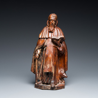 Saint-Antoine lisant avec cochon en chêne sculpté, 17ème