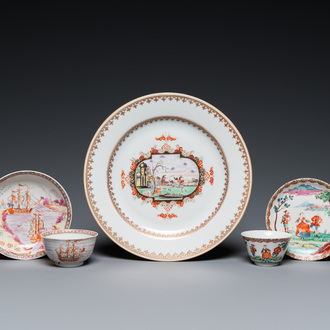 A Chinese famille rose export porcelain plate and two cups and saucers, Qianlong