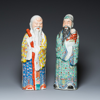Deux figures de Dieux d'Etoiles en porcelaine de Chine famille rose, marque de Mao Ji Sheng Zao 茂記生造, 19/20ème
