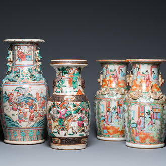 A pair of Chinese Canton famille rose vases, one with a court scene and one with a warrior scene, 19th C.