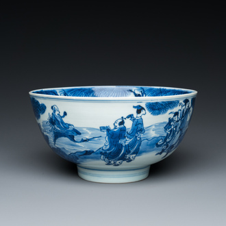 A Chinese blue and white 'immortals' bowl, Shen De Tang Bo Gu Zhi 慎德堂博古製 mark, Kangxi