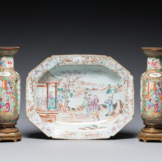 A Chinese octagonal famille rose 'mandarin' dish and a pair of bronze-mounted Canton vases, Qianlong and 19th C.