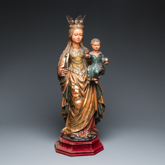 Grande Vierge à l'Enfant en bois sculpté et polychromé, Flandres, 16/17ème