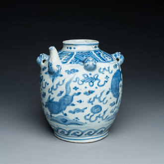 A large Chinese blue and white jug with flying mythical beasts, Wanli