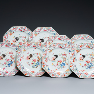 Eight Chinese octagonal famille rose 'rooster' plates, Qianlong