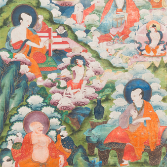 A thangka depicting Luohan surrounded by deities, Tibet, 17/18th C.