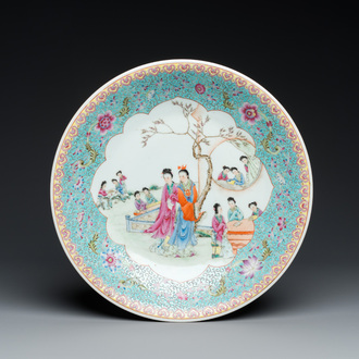 A Chinese famille rose dish with figures in a garden, Qianlong mark, Republic