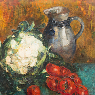 Sadji (Sha Qi, Sha Yinnian) (1914-2005): Still life with cauliflower, tomatoes and a stoneware ewer, oil on canvas