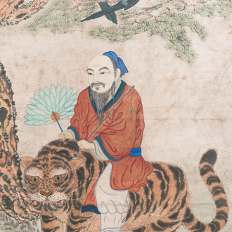 Ecole coréenne: 'Esprit de montagne sur un tigre', encre et couleurs sur papier, Joséon, 19ème