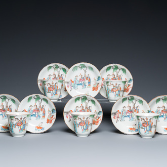 Sept tasses et huit soucoupes en porcelaine de Chine famille rose, marque et époque de Tongzhi