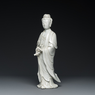 A tall Chinese Dehua blanc de Chine Guanyin, seal mark, Qing