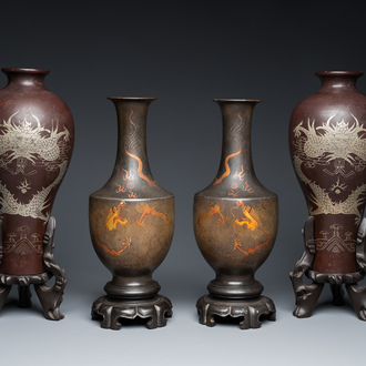 Deux paires de vases aux dragons sur socles en laque de Fuzhou ou Foochow, Chine, 19/20ème