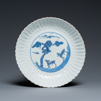 A Chinese blue and white chysanthemum-moulded ko-sometsuke 'two deer' dish for the Japanese market, Tianqi/Chongzhen