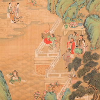 Ecole chinoise, d'après Zhou Chen (1460-1535): Scène fluviale aux immortels, encre et couleurs sur soie, 18ème