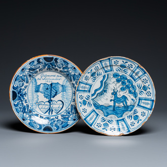 Two Dutch Delft blue and white plates, 18th C. and dated 1835