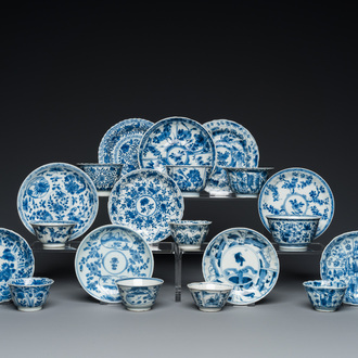 Ten Chinese blue and white cups and saucers, Kangxi