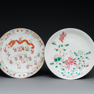 Two Chinese famille rose '100 boys' and floral subject plates, Guangxu and Qianlong marks, 19th C.