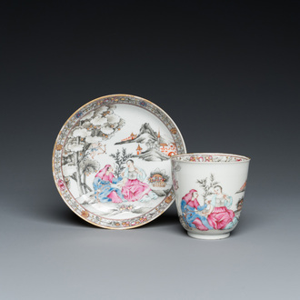 A Chinese famille rose 'erotical subject' cup and saucer, Yongzheng/Qianlong