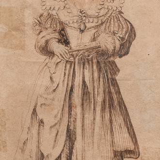 Jacques Callot (1592-1635): 'Edele dame met waaier', studie voor een gravure uit de reeks 'La Noblesse', inkt op papier, ca. 1620