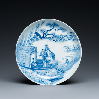 Assiette en porcelaine de Chine en bleu et blanc à décor d'une scène de rivière, Yongzheng