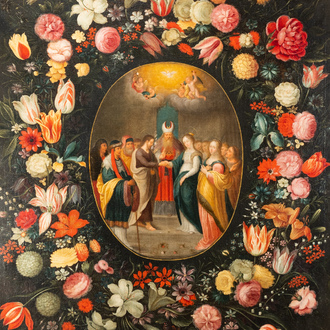 Philips de Marlier (1595-1668) & atelier de Frans Francken II (1581-1642): 'Le mariage de la Vierge' entouré d'une guirlande florale, huile sur toile