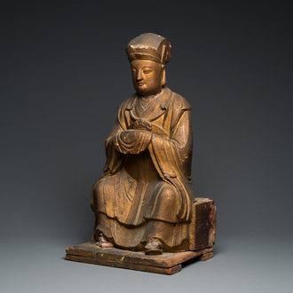 Importante sculpture de l'Empereur de Jade taoïste en stuc doré et bois sculpté, Chine, 17ème