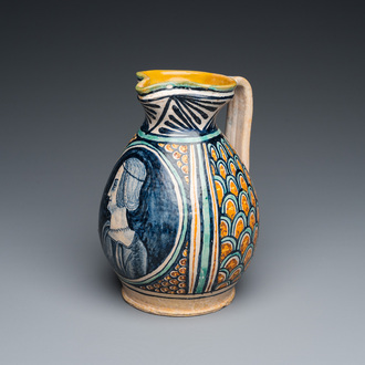 A polychrome Italian maiolica 'Bella Donna' ewer, Deruta, 15/16th C.