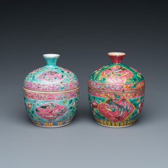 Deux bols couverts de type 'chupu' en porcelaine de Chine famille rose pour le marché Straits ou Peranakan, 19ème