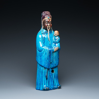 Grand dieu d'étoiles 'Fuxing' en porcelaine de Chine à émail turquoise et laque rouge, 18/19ème