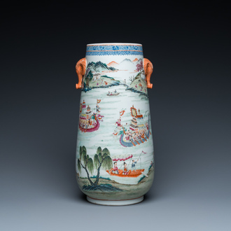 A Chinese famile rose 'hu' vase with a fine river landscape, Qianlong mark, Republic