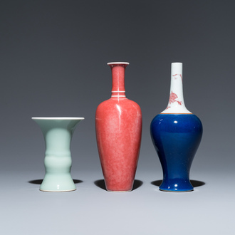 Three Chinese blue-, celadon- and copper-red-glazed vases, Kangxi marks, 19/20th C.