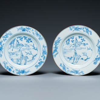 A pair of Chinese blue and white 'deer' plates, Yongzheng